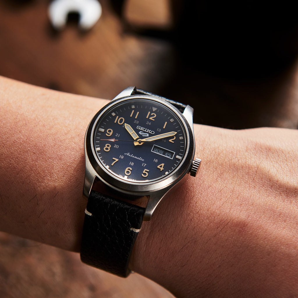 Seiko 5 Sports Gents Automatic Watch with Blue Dial and Black Leather Strap SRPG39K1