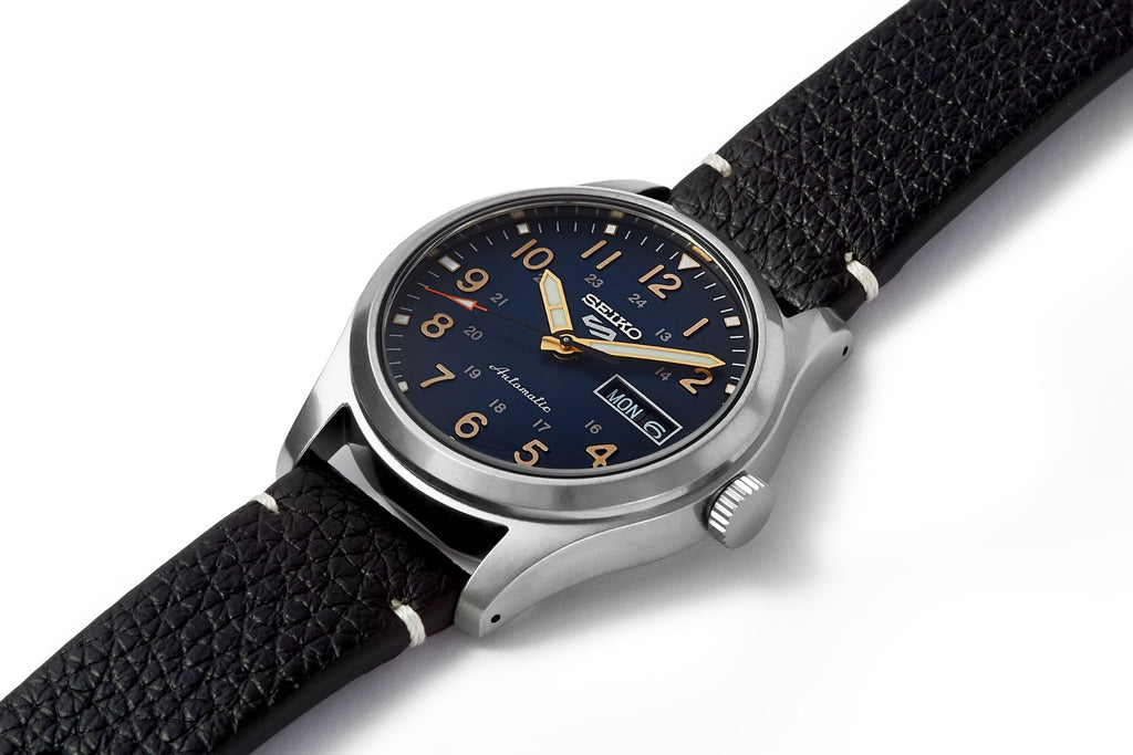 Seiko 5 Sports Gents Automatic Watch with Blue Dial and Black Leather Strap SRPG39K1