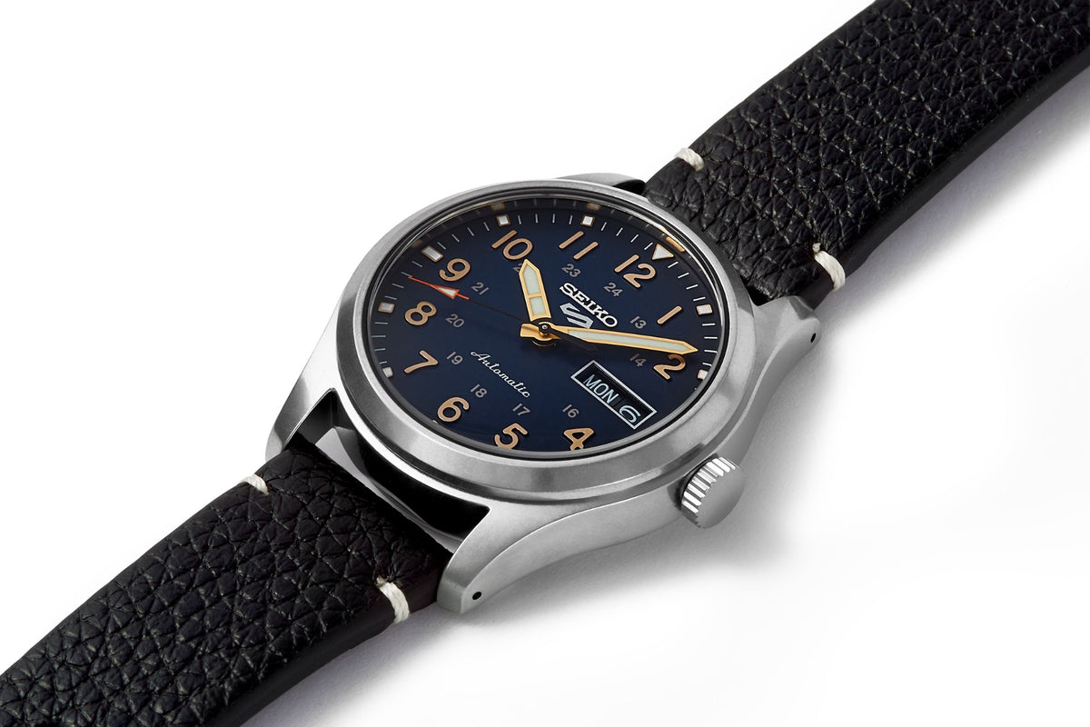 Seiko 5 Sports Gents Automatic Watch with Blue Dial and Black Leather Strap SRPG39K1
