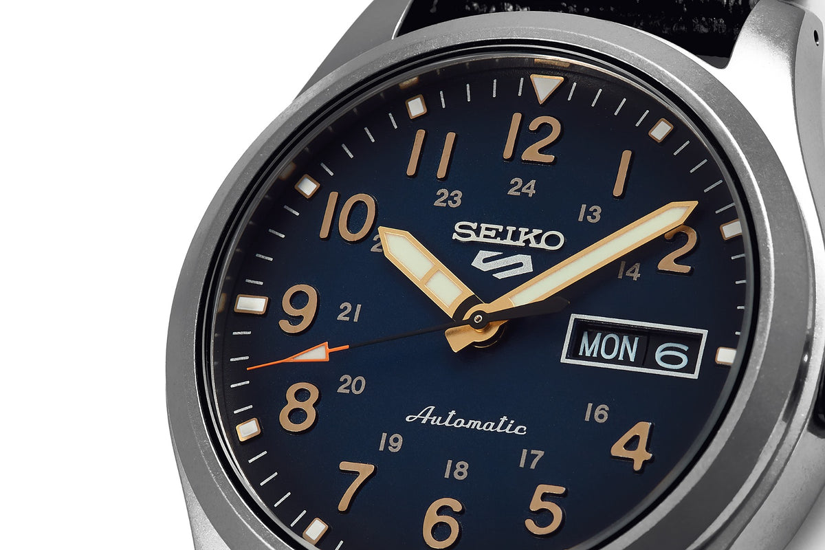 Seiko 5 Sports Gents Automatic Watch with Blue Dial and Black Leather Strap SRPG39K1