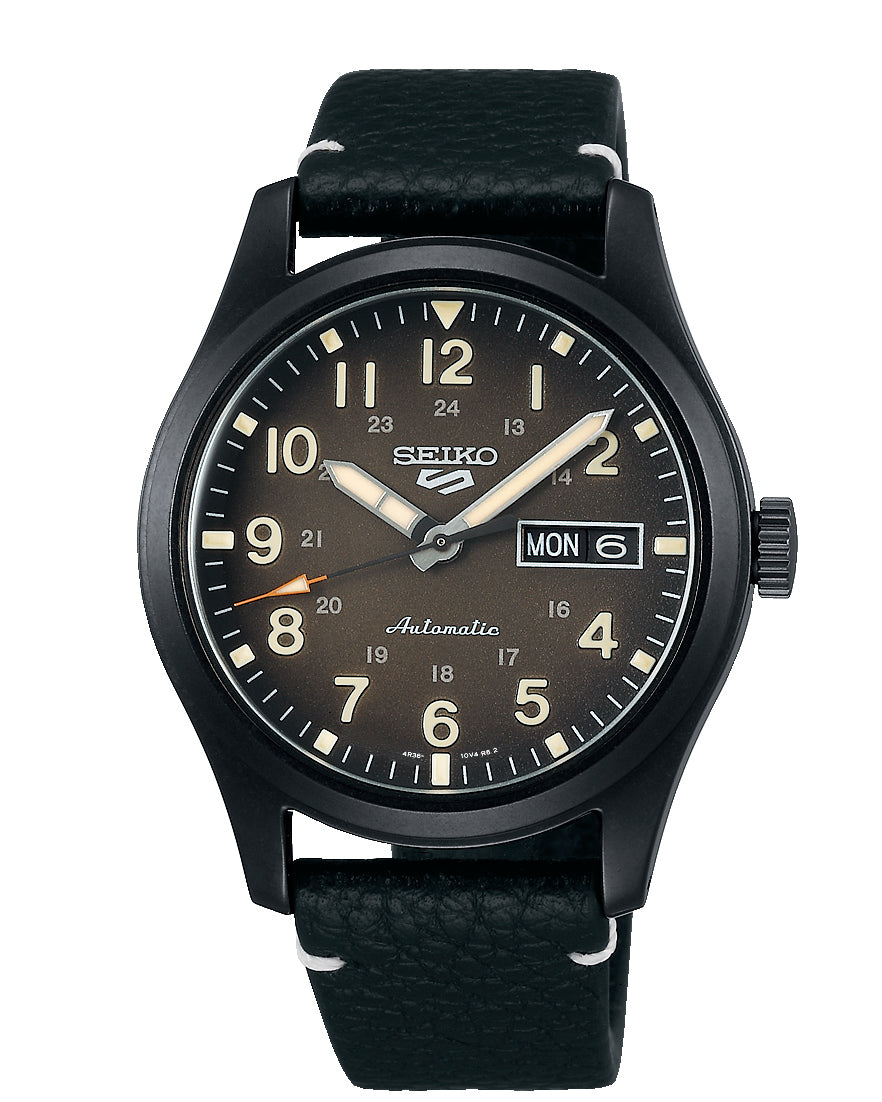 Seiko 5 Sports Gents Automatic Watch with Brown Dial and Black Leather Strap SRPG41K1