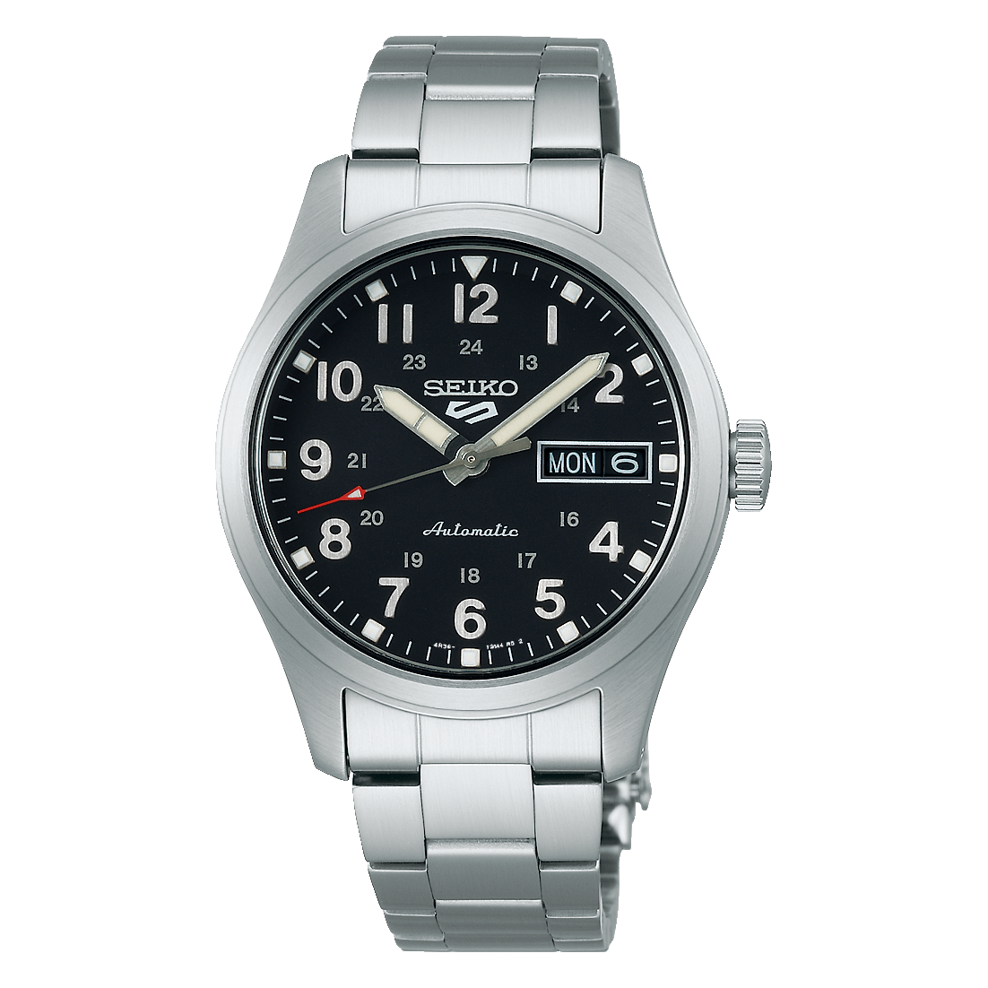 Seiko 5 In the metal Gwylio Awtomatig Dynion Midfield gyda Deial Ddu a Strap Dur Di-staen SRPJ81K1