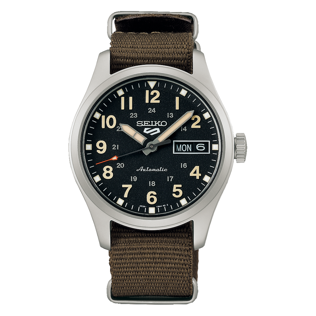 Seiko 5 Green zone Midfield Men's Automatic Watch with Black Dial and Green Nylon Strap SRPJ85K1