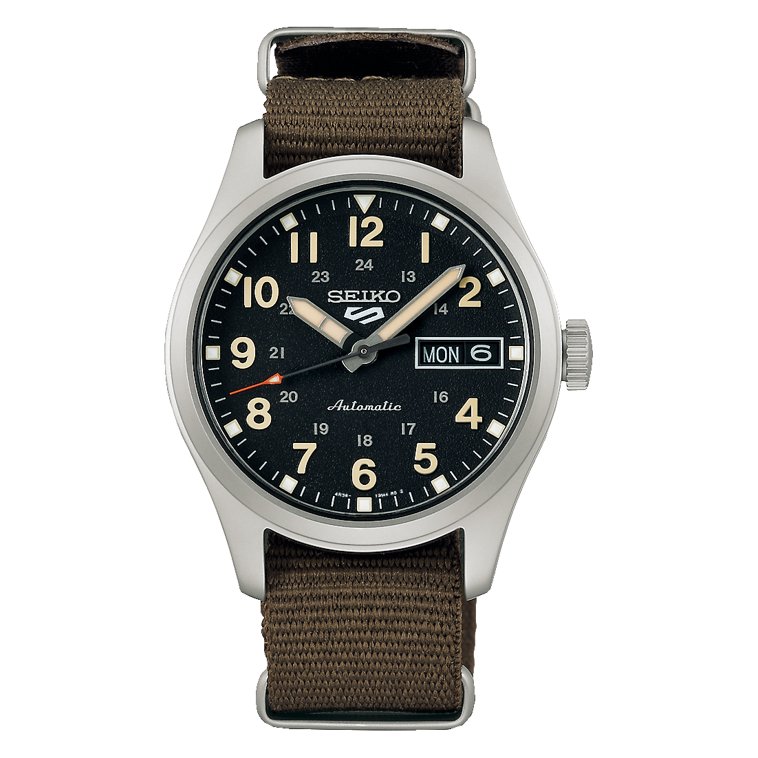 Seiko 5 Green zone Midfield Men's Automatic Watch with Black Dial and Green Nylon Strap SRPJ85K1