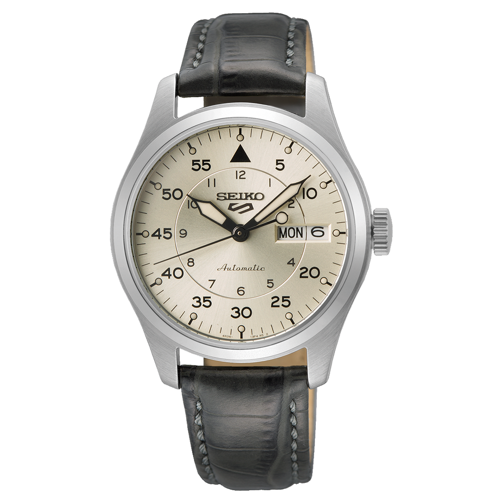 Seiko 5 Champagne Flieger Midfield Men's Automatic Watch with Silver Dial and Green Leather Strap SRPJ87K1
