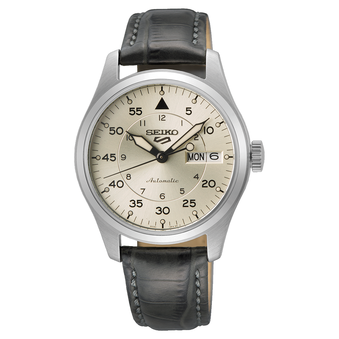 Seiko 5 Champagne Flieger Midfield Men's Automatic Watch with Silver Dial and Green Leather Strap SRPJ87K1