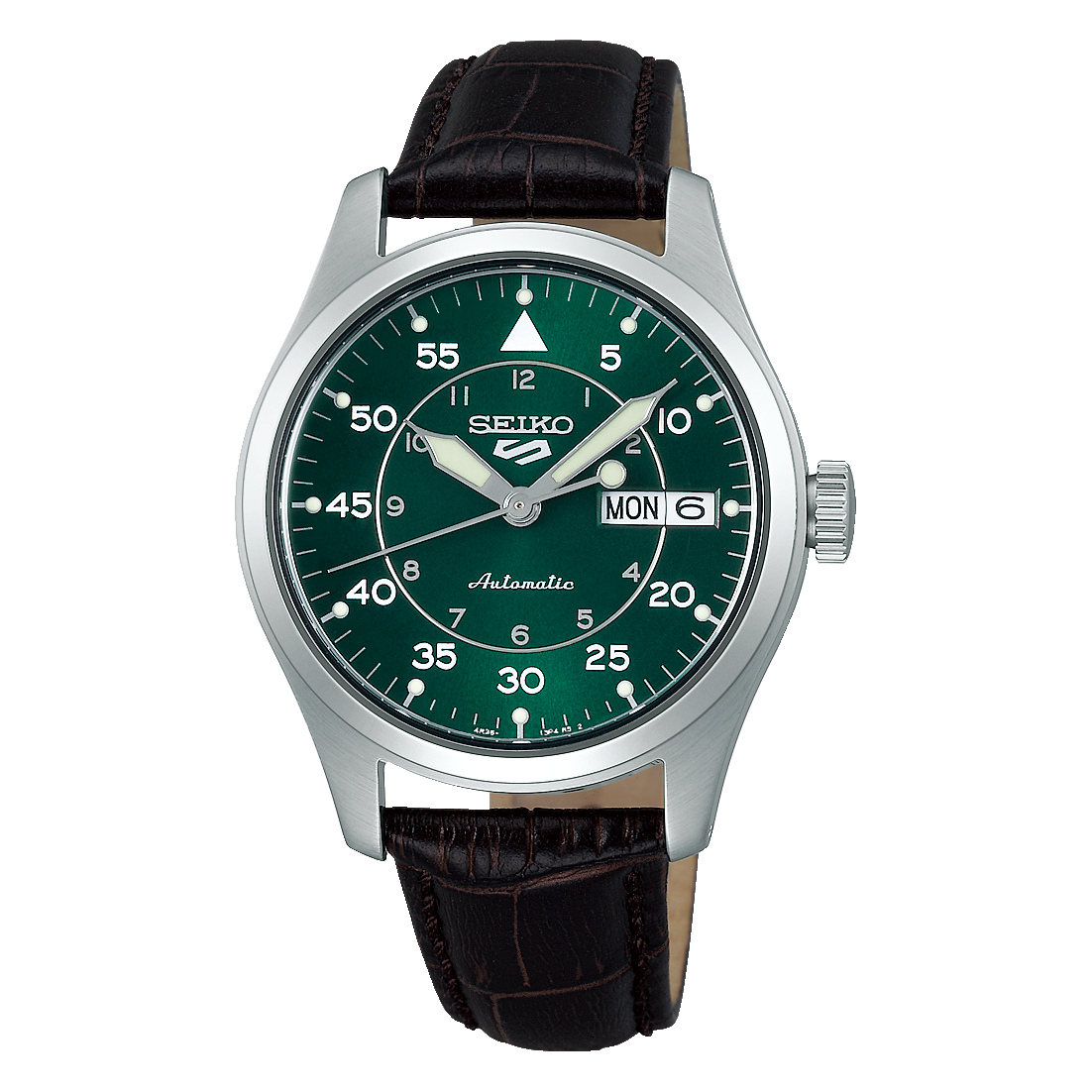 Seiko 5 Kelly Green Flieger Midfield Men's Automatic Watch with Green Dial and Brown Leather Strap SRPJ89K1
