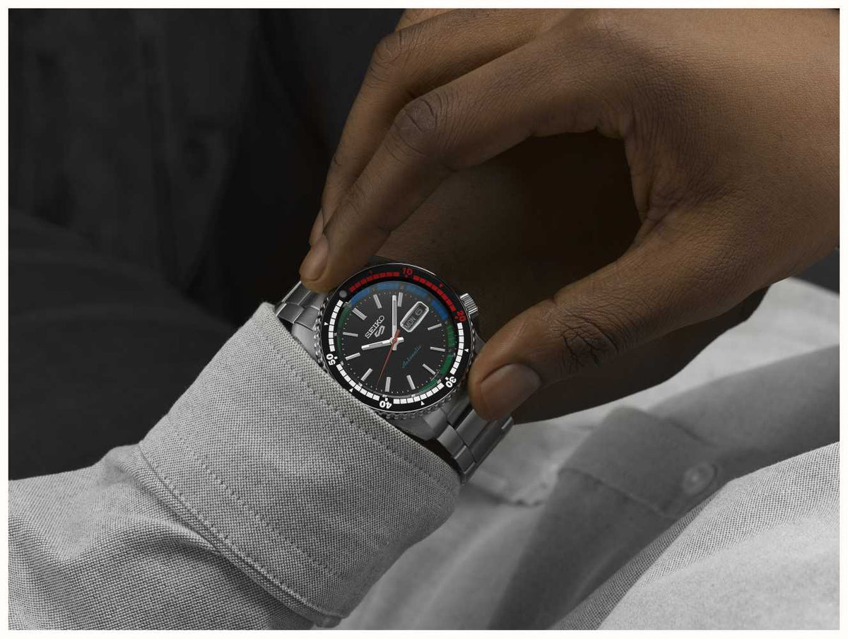 Gwylio Deial Du Awtomatig Lliw Retro Argraffiad Arbennig Seiko 5 Sports Amserydd Regata Newydd SRPK13K1