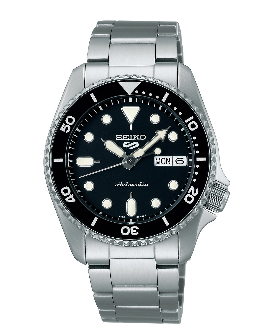 Seiko 5 Sports SKX ‘Midi’ Automatic Watch with Black Dial and Silver Bracelet SRPK29K1