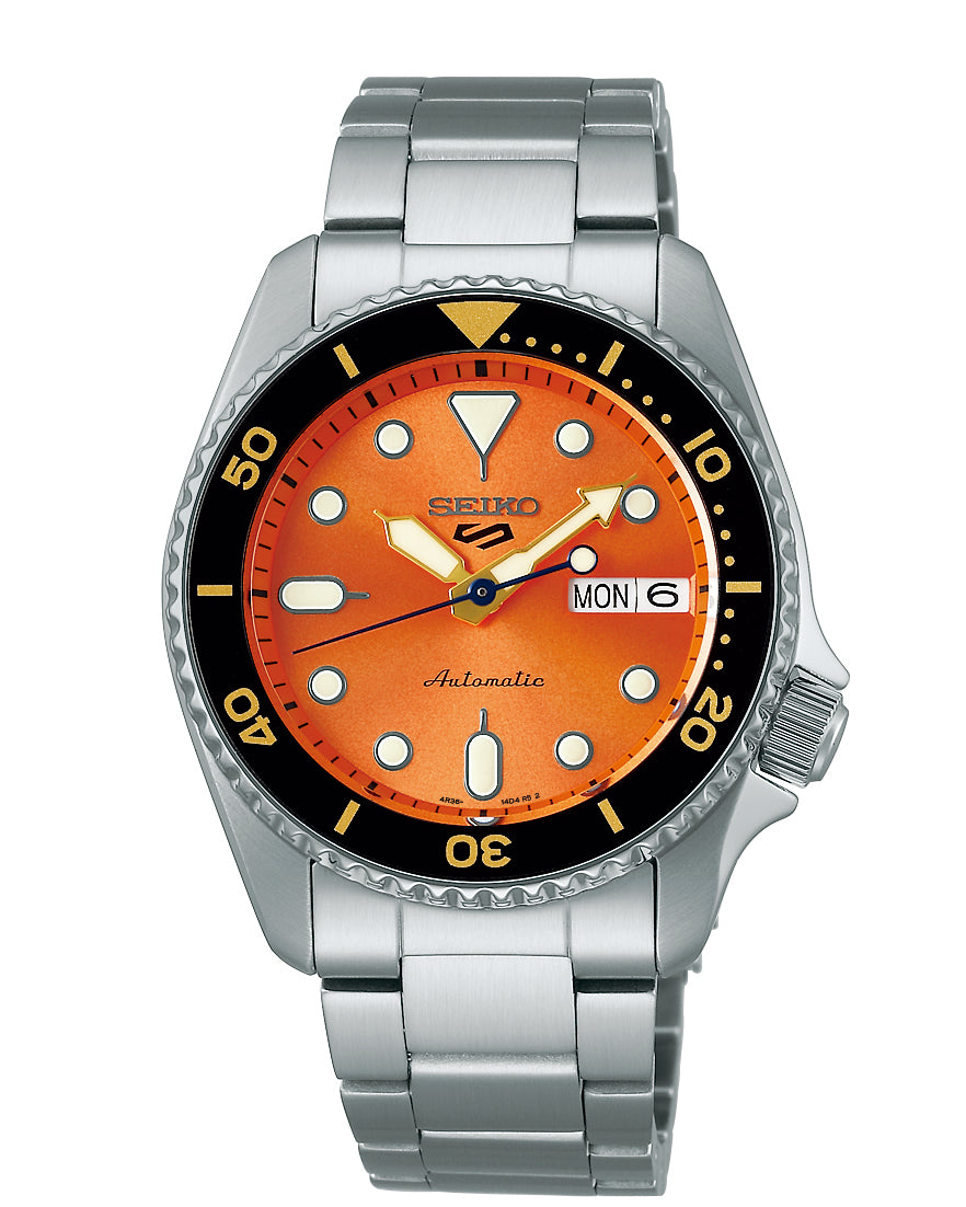 Seiko 5 Sports Automatic Watch with Orange Dial and Silver Bracelet SRPK35K1