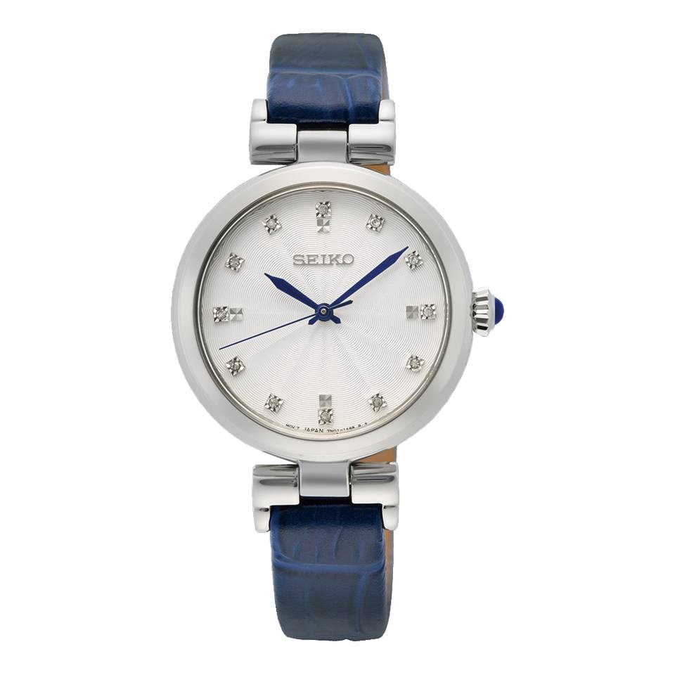 Gwylio Merched Seiko gydag Wyneb Arian a Strap Lledr Glas SRZ545P1