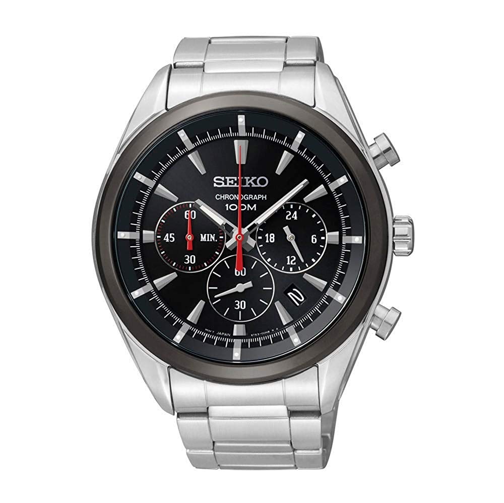 Seiko Men's Chronograph Quartz Watch with Black Dial and Silver Stainless Steel Strap SSB089P1