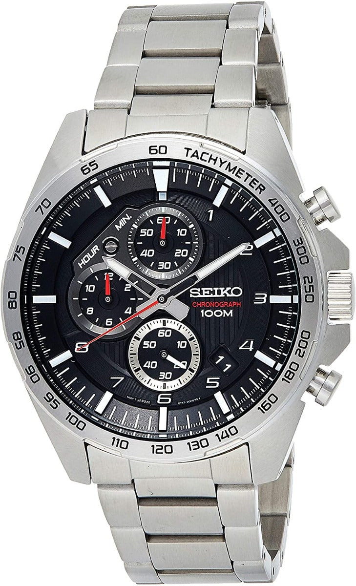 Gwylio Cronograff i Ddynion Seiko gyda Deial Llwyd Tywyll a Strap Arian SSB319P1