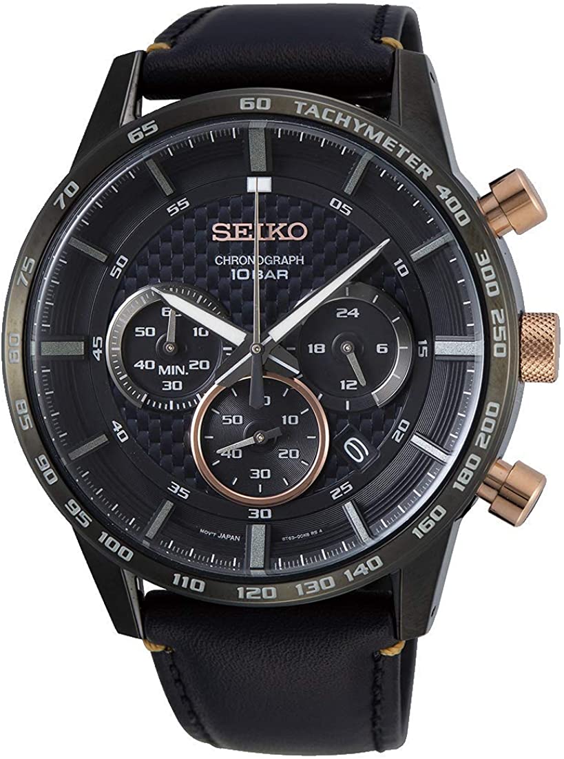 Gwylio Cronograff i Ddynion Seiko gyda Deial Ddu a Strap Ddu SSB361P1