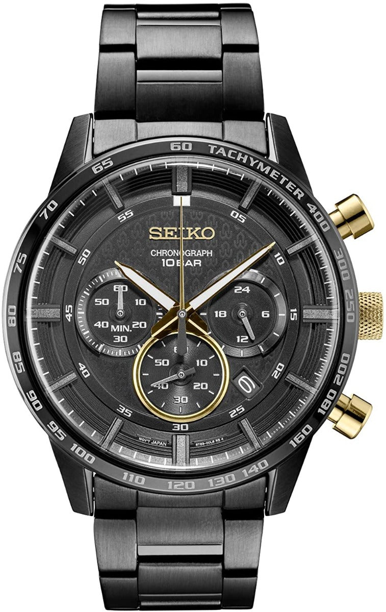 Gwylio Cronograff Seiko i Ddynion gyda Deial Du a Strap Dur Di-staen SSB363P1