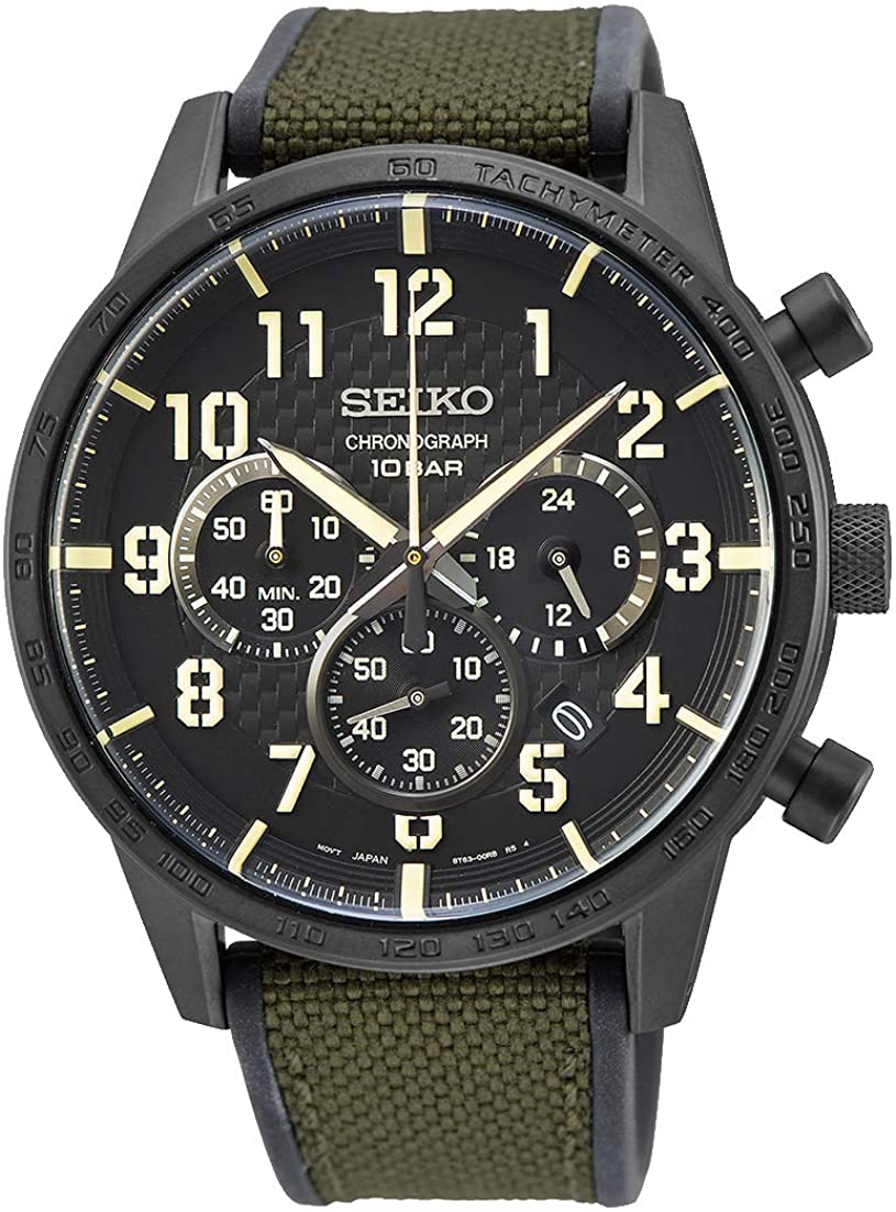 Gwylio Cronograff Dynion Seiko gyda Deial Du a Strap Werdd SSB369P1