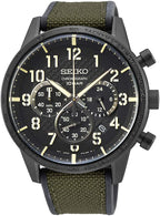 Gwylio Cronograff Dynion Seiko gyda Deial Du a Strap Werdd SSB369P1