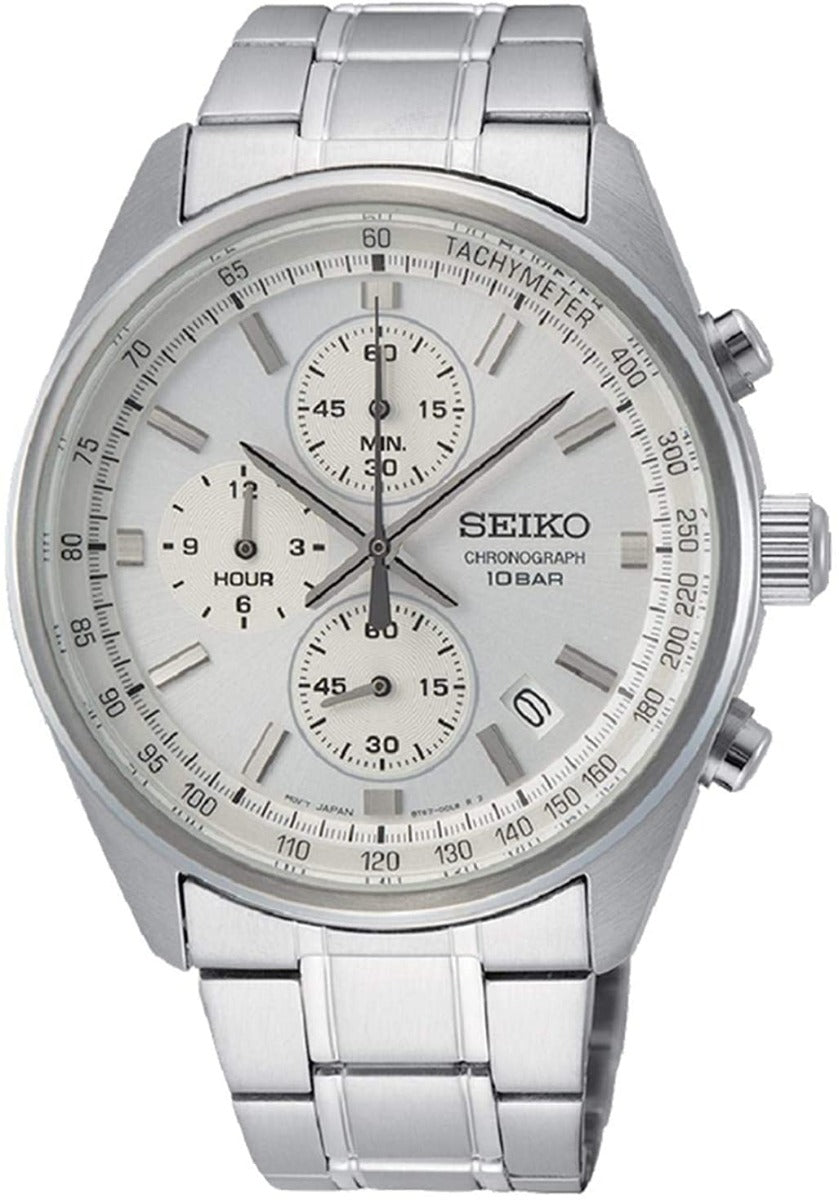 Gwylio Cronograff Dynion Seiko gyda Breichled Dur Di-staen SSB375P1