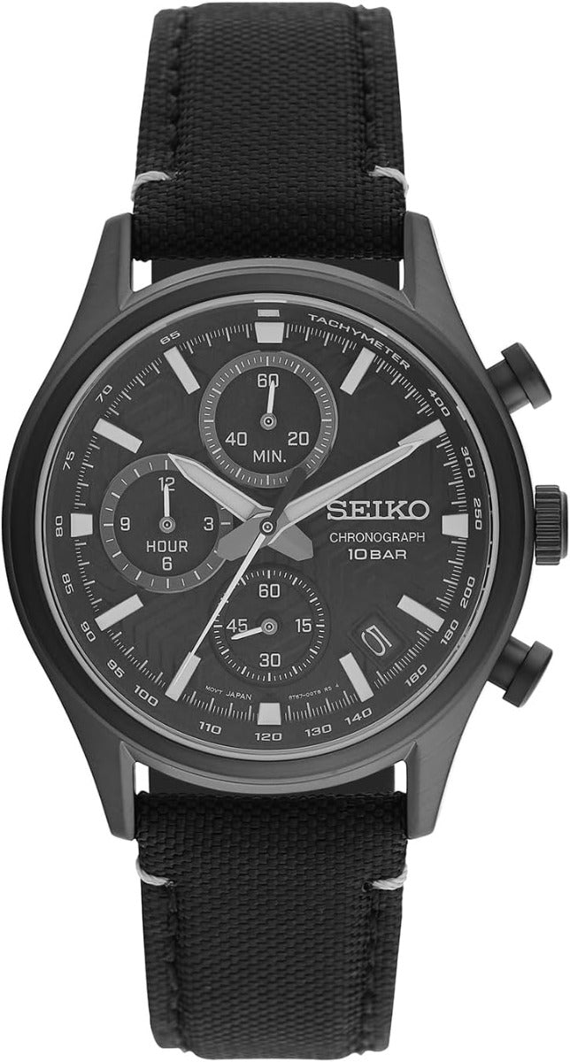 Gwylio Dynion Seiko gyda Deial Ddu a Strap Lledr Du SSB421P1
