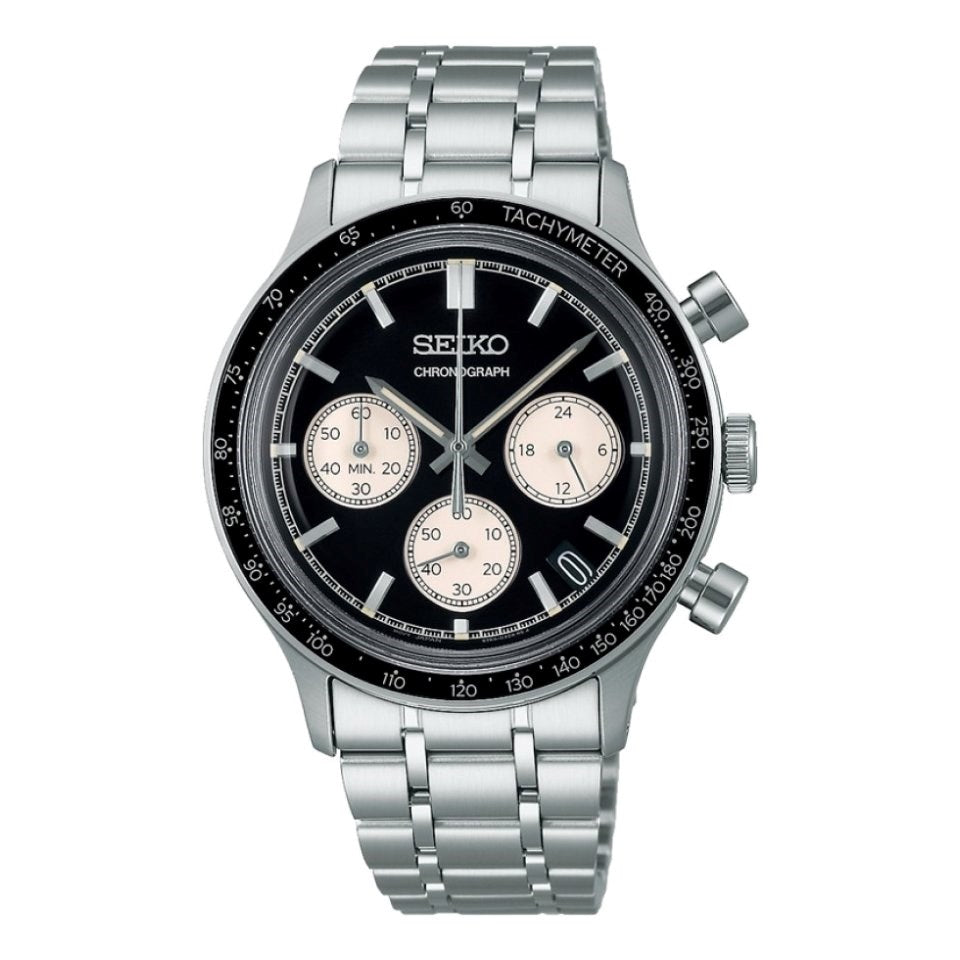 Seiko Racing Sports Mens Chronograph Watch with Black Dial and Silver Bracelet SSB479P1