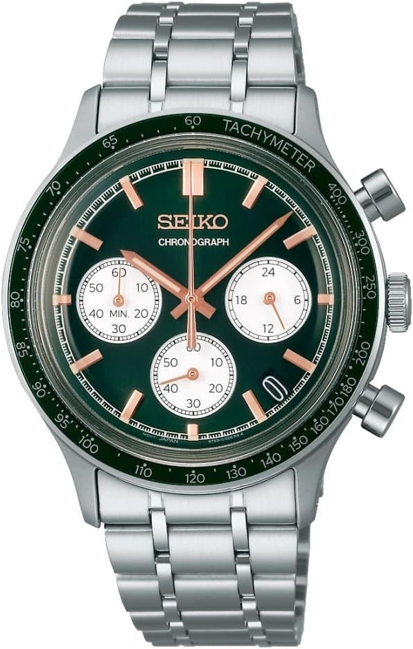 Seiko Racing Sports Mens Chronograph Watch with Green Dial and Silver Bracelet SSB481P1