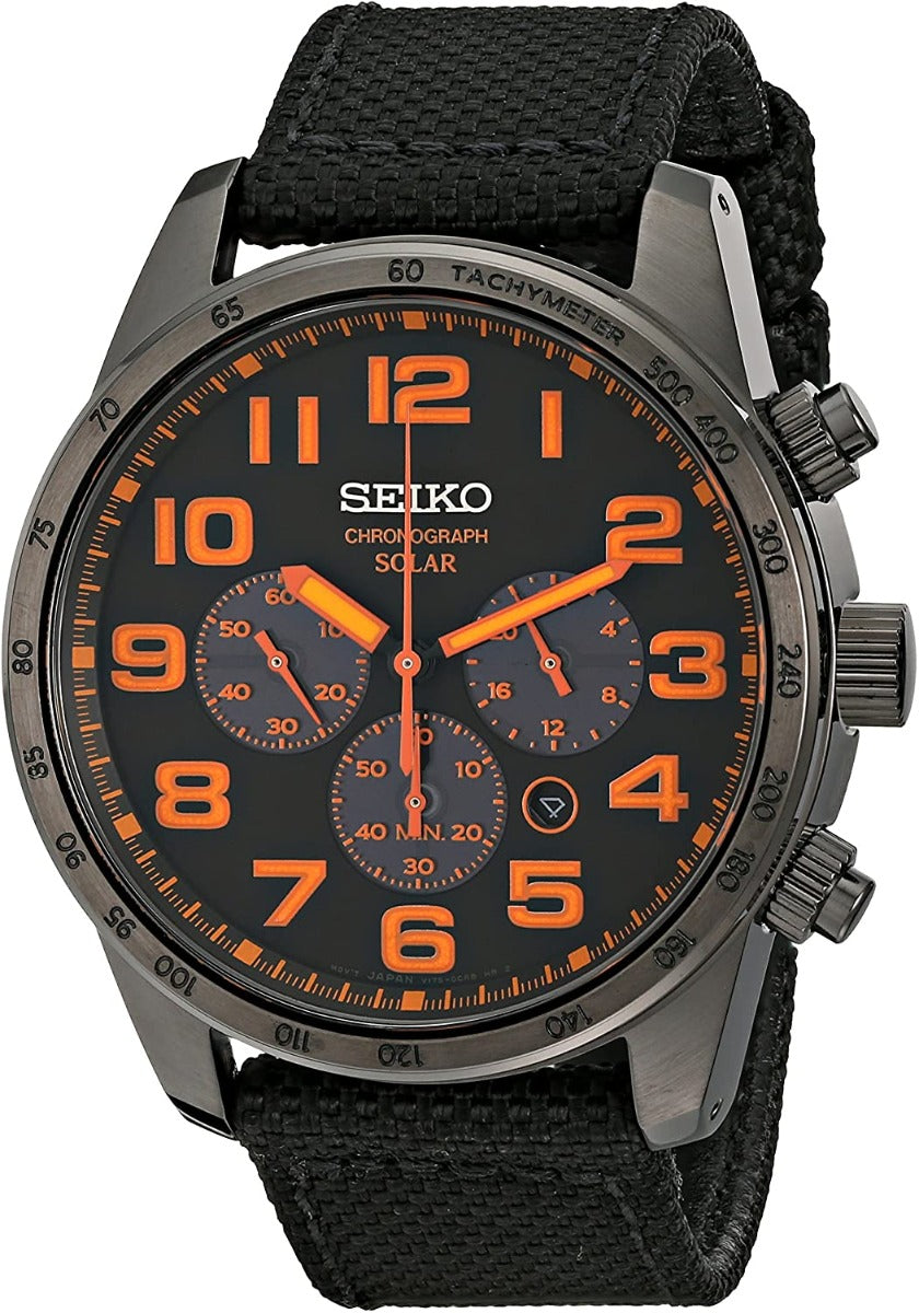Gwylio Solar Cronograff Dynion Seiko gyda Deial Ddu a Strap Ddu SSC233P9
