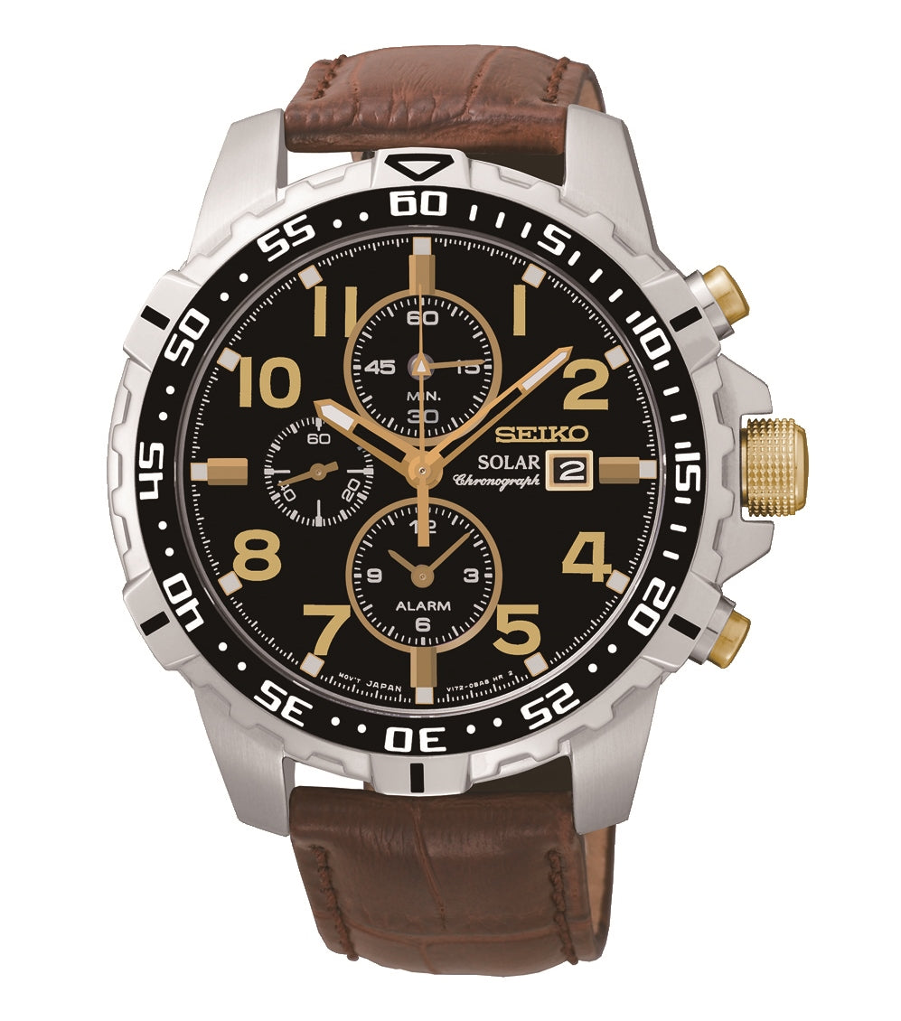 Seiko Mens Black Dial Brown Leather Strap Solar Watch SSC309P9