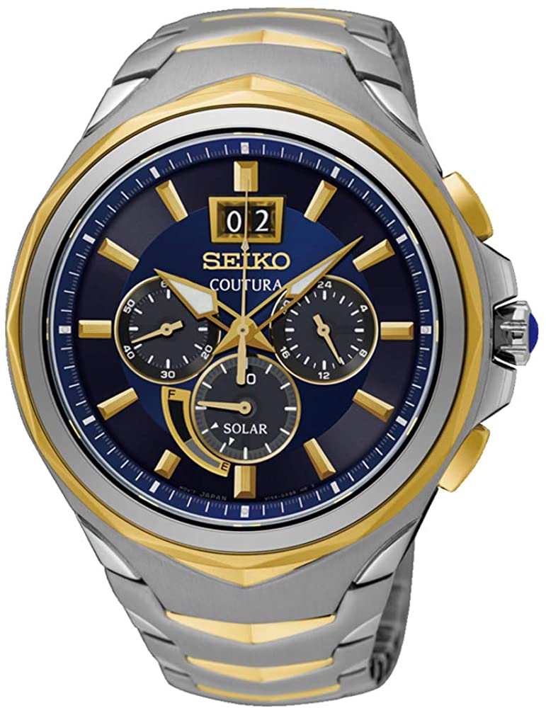 Gwylio Solar Coutura i Ddynion Seiko gyda Deial Glas a Breichled Dur Di-staen Deu-liw SSC642P1