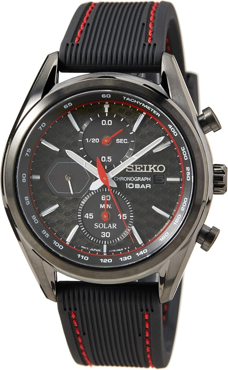 Seiko Mens Solar Chronograph Watch with Black Dial and Black Silicone Strap SSC777P1
