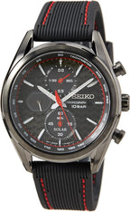 Seiko Mens Solar Chronograph Watch with Black Dial and Black Silicone Strap SSC777P1