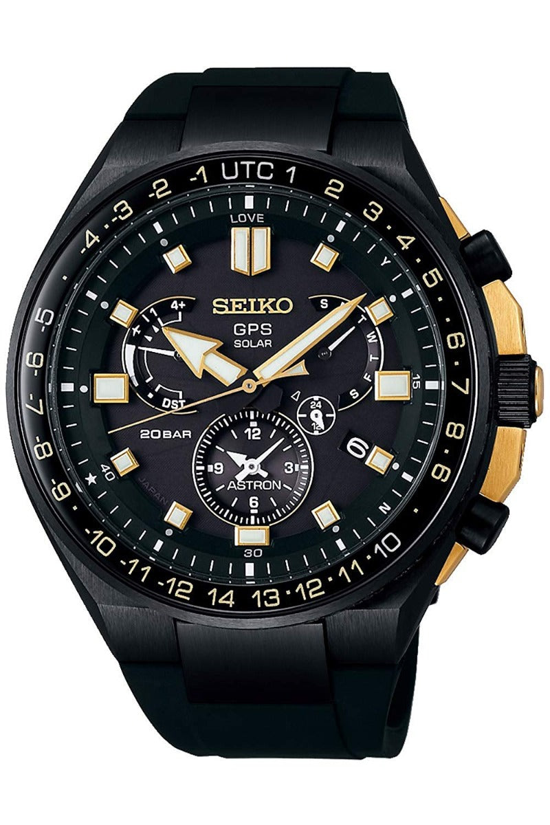 Seiko Astron Mens Solar GPS Watch with Black Silicone Strap SSE174J1EX DISPLAY