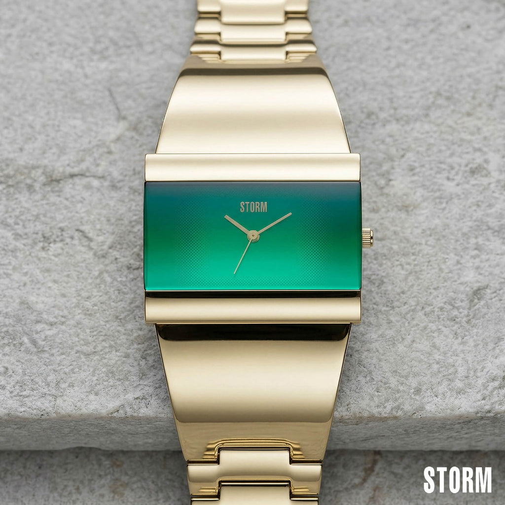 Storm Starletti Gold Lazer Green Ladies Watch gyda Deial Gwyrdd a Breichled Aur 47313/GD/GN