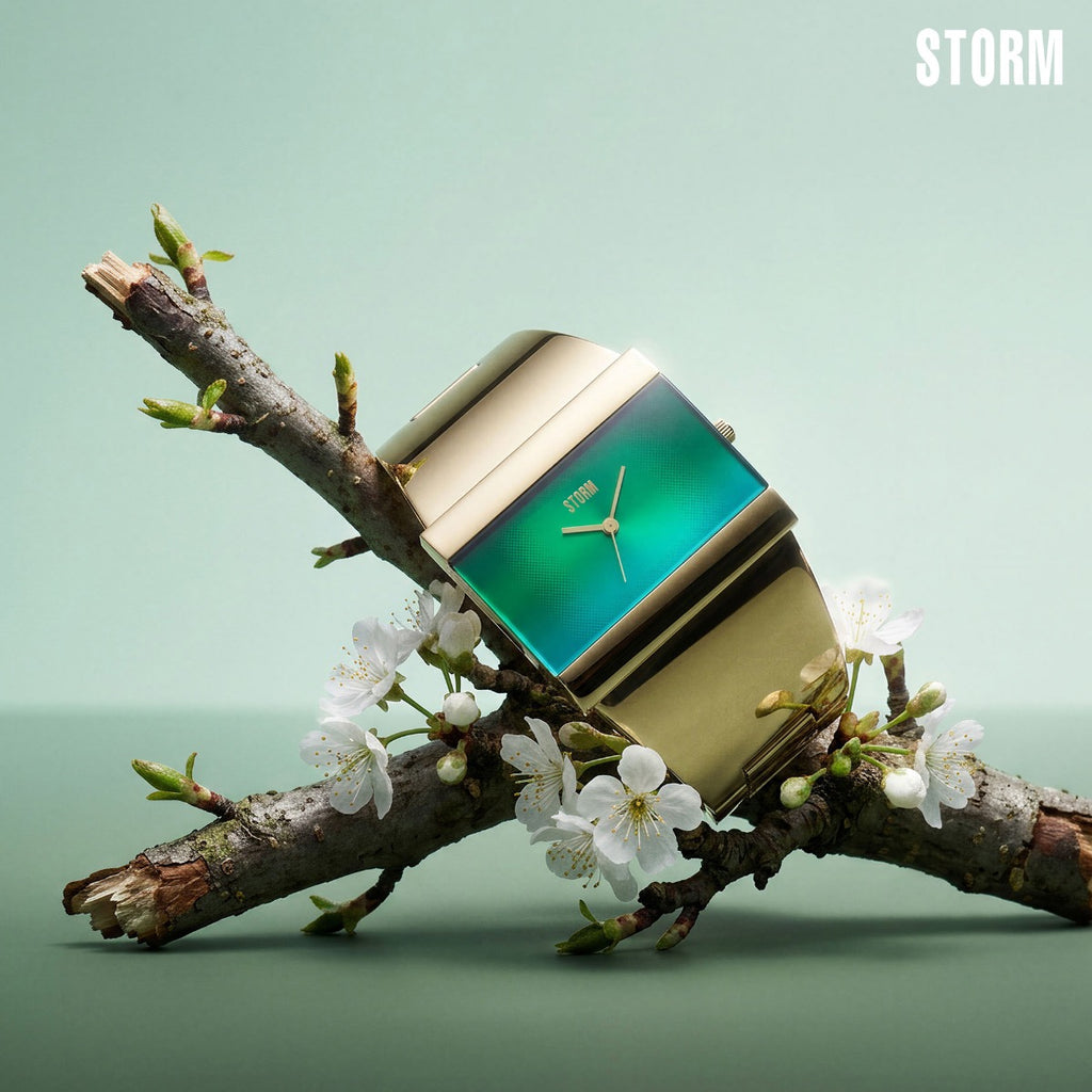 Storm Starletti Gold Lazer Green Ladies Watch gyda Deial Gwyrdd a Breichled Aur 47313/GD/GN