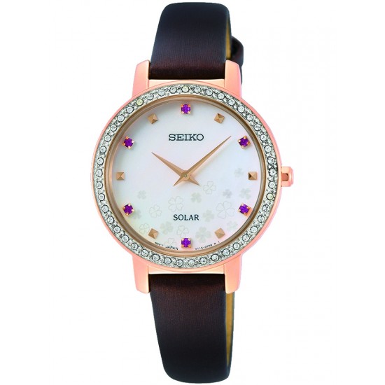 Seiko Ladies Solar Watch with White Dial and Brown PU Leather Strap SUP450P1