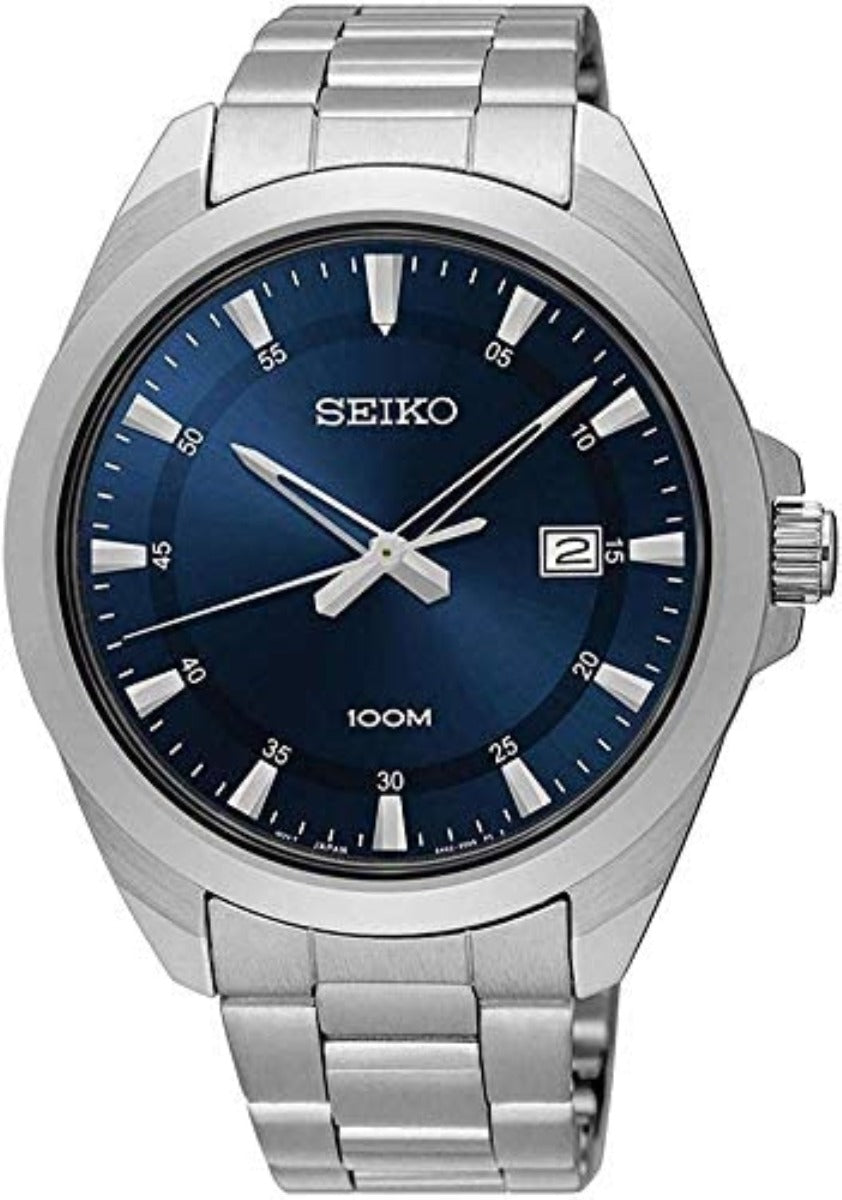 Gwyliad Dynion Seiko gyda Deial Glas a Breichled Dur Di-staen SUR207P1