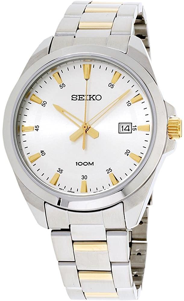 Mens Seiko Watch with White Dial and Silver and Gold Two Tone Strap SUR211P1