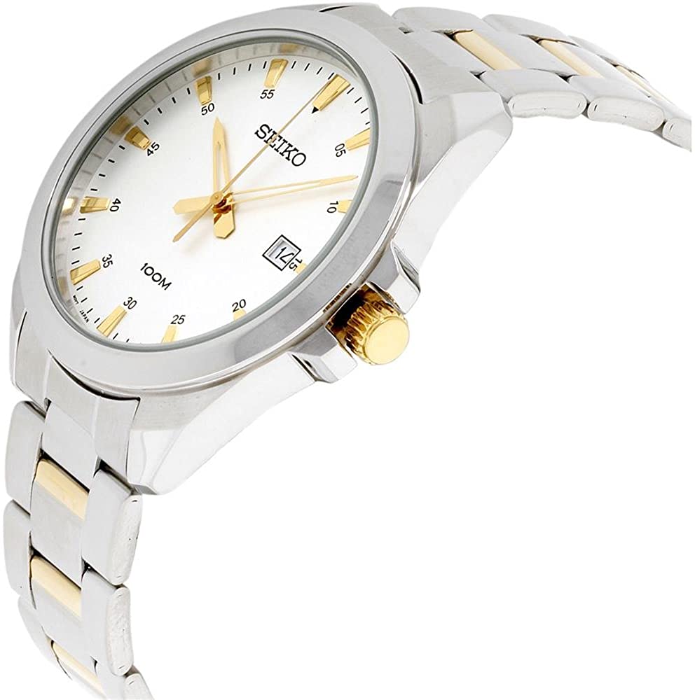 Mens Seiko Watch with White Dial and Silver and Gold Two Tone Strap SUR211P1