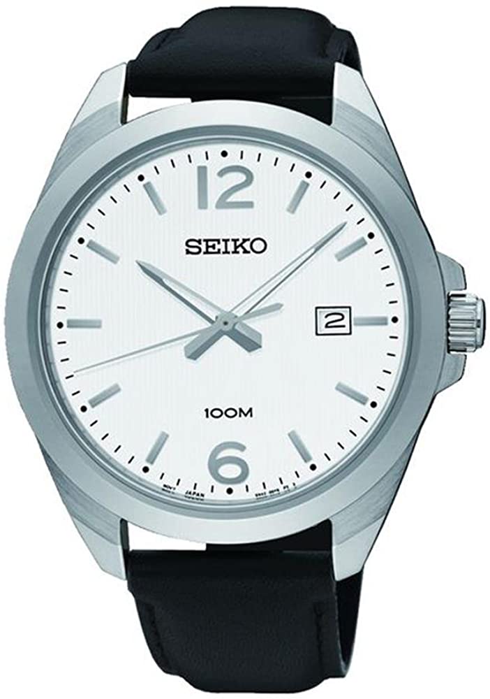 Seiko Mens Watch with White Dial and Black Leather Strap SUR213P1
