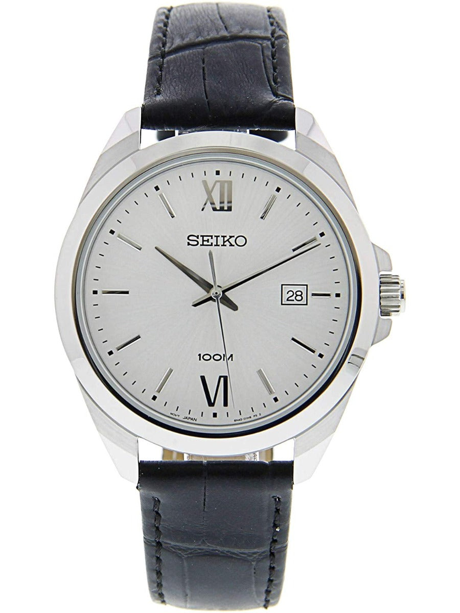 Seiko Gwyl Dynion SUR283P1 gyda Strap Lledr Du a Deial Gwyn