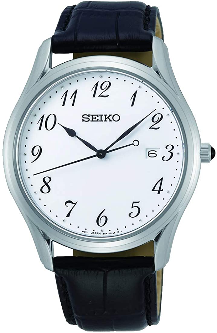 Mens Seiko Classic Watch with White Dial and Black Leather Strap Watch SUR303P1