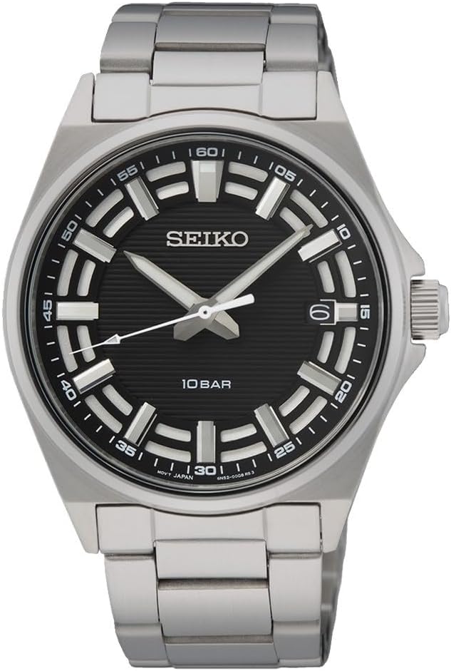 Gwylio Dynion Seiko gyda Deial Du a Breichled Arian SUR505P1