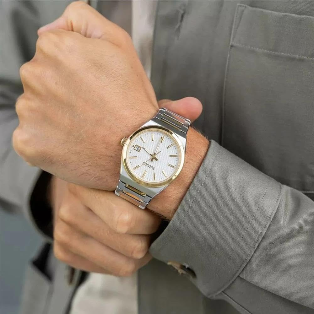Seiko Mens Watch with White Dial & Two Tone Bracelet SUR558P1