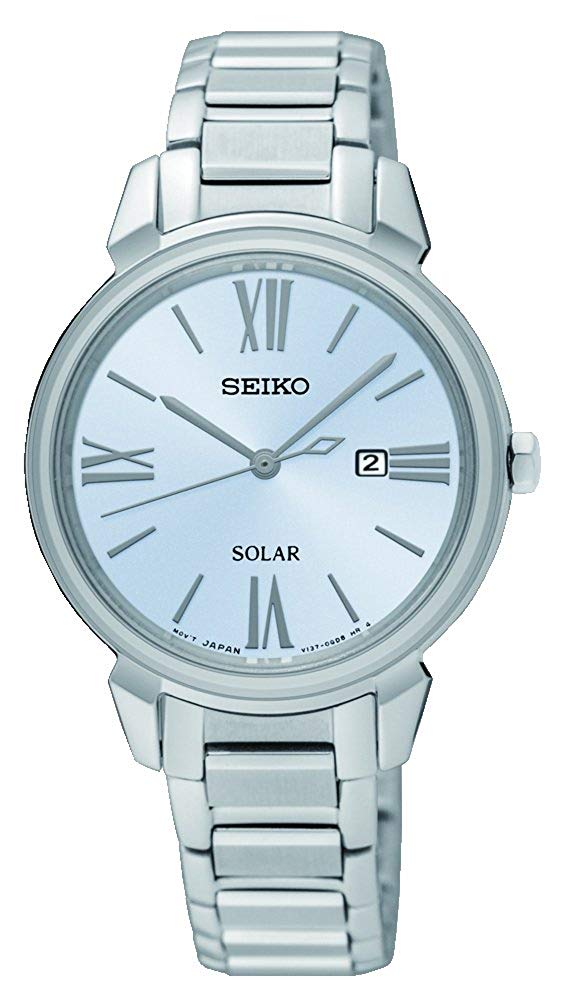 Seiko Ladies Solar Powered Watch with Silver Dial and Stainless Steel Strap SUT323P1