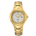Gwylio Solar Merched Seiko Coutura gyda Deial Gwyn a Breichled Aur SUT432P1