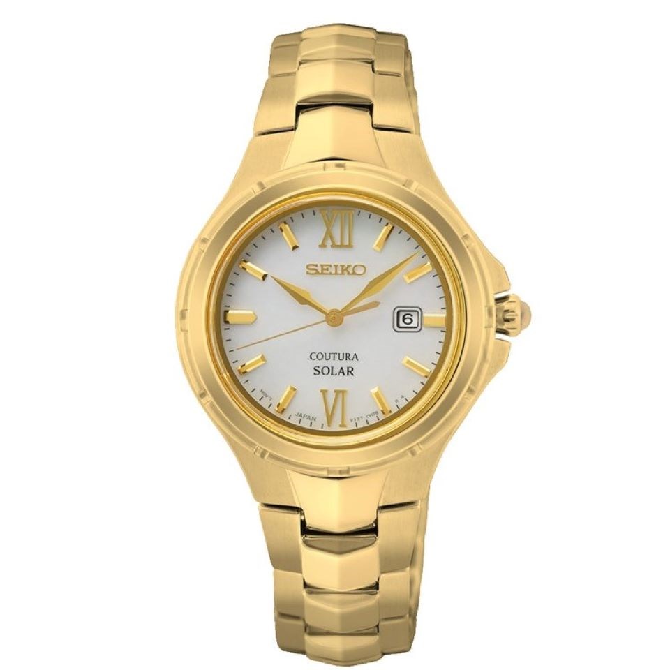 Gwylio Solar Merched Seiko Coutura gyda Deial Gwyn a Breichled Aur SUT432P1