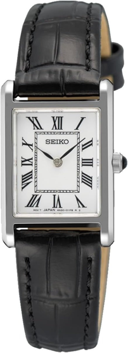 Cloc Menywod Clasurol Seiko gyda Deial Gwyn a Strap Ddu SWR107P1