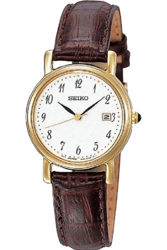 Ladies Women's Gold Tone Seiko Brown Leather Watch SXDA14P1