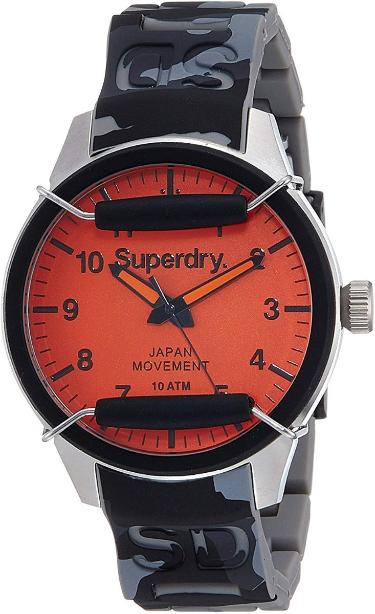 Superdry Gwylio Sguba i Ddynion Gyda Strap Camo Du a Deial Oren SYG129E