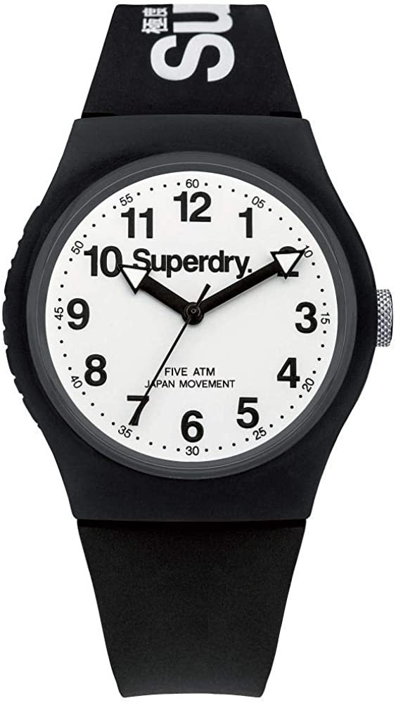 Gwylio Dynion Superdry gyda Deial Gwyn a Strap Silicon Du SYG164BW