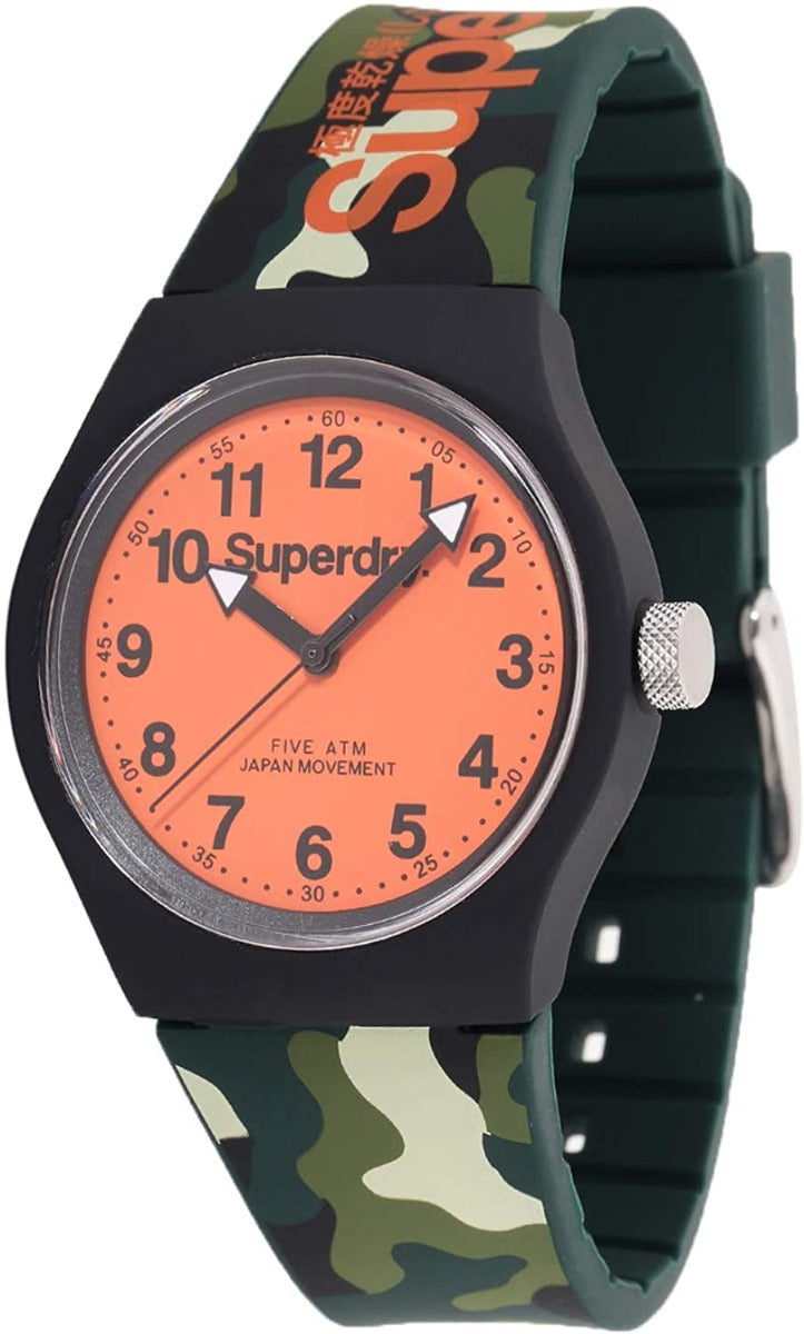 Cloc Dynion Superdry gyda Deial Oren a Strap Camo SYG164NO